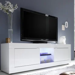 Mobile Porta tv Bianco Lucido un Ripiano Apertura Maniglia 180x43x56h cm, 4 Vani - Massaia