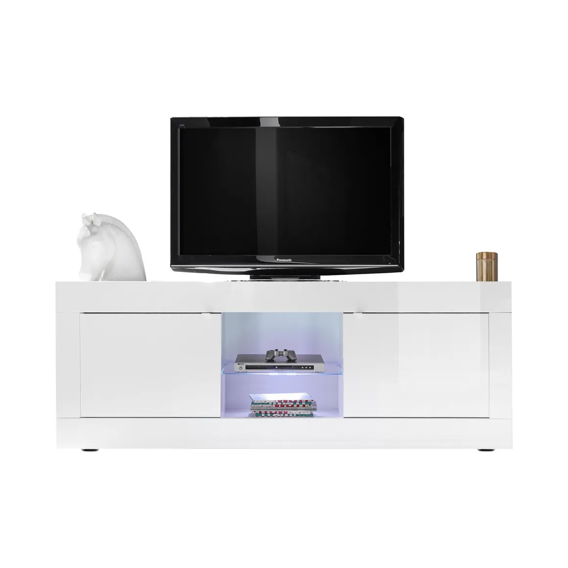 Mobile Porta tv Bianco Lucido un Ripiano Apertura Maniglia 180x43x56h cm, 4 Vani - Massaia
