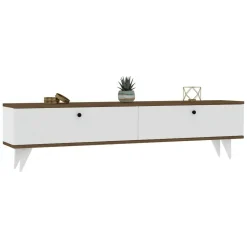 Mobili Porta Tv > Dmora Mobile Porta tv Bianco Marrone Noce 2 Ante 2 Vani 160x25x35h cm, Apertura a Ribalta - Olmedo Marrone, Bianco Noce
