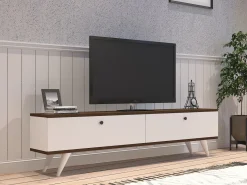 Mobili Porta Tv > Dmora Mobile Porta tv Bianco Marrone Noce 2 Ante 2 Vani 160x25x35h cm, Apertura a Ribalta - Olmedo Marrone, Bianco Noce