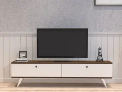 Mobili Porta Tv > Dmora Mobile Porta tv Bianco Marrone Noce 2 Ante 2 Vani 160x25x35h cm, Apertura a Ribalta - Olmedo Marrone, Bianco Noce