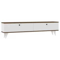 Mobili Porta Tv > Dmora Mobile Porta tv Bianco Marrone Noce 2 Ante 2 Vani 160x25x35h cm, Apertura a Ribalta - Olmedo Marrone, Bianco Noce
