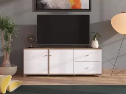 Mobile Porta tv Bianco Marrone Noce 2 Cassetti un Ripiano 162x40x59.5h cm, 2 Ante - Isera