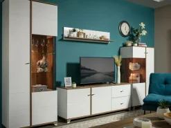 Mobili Porta Tv > Dmora Mobile Porta tv Bianco Marrone Noce 2 Ripiani 5 Vani 160x40x45h cm, 2 Ante - Spilinga Marrone, Bianco Noce