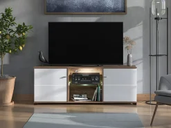 Mobile Porta tv Bianco Marrone Noce 4 Ripiani 2 Ante 157x40x59.5h cm, Ripiano in Vetro - Cedegolo