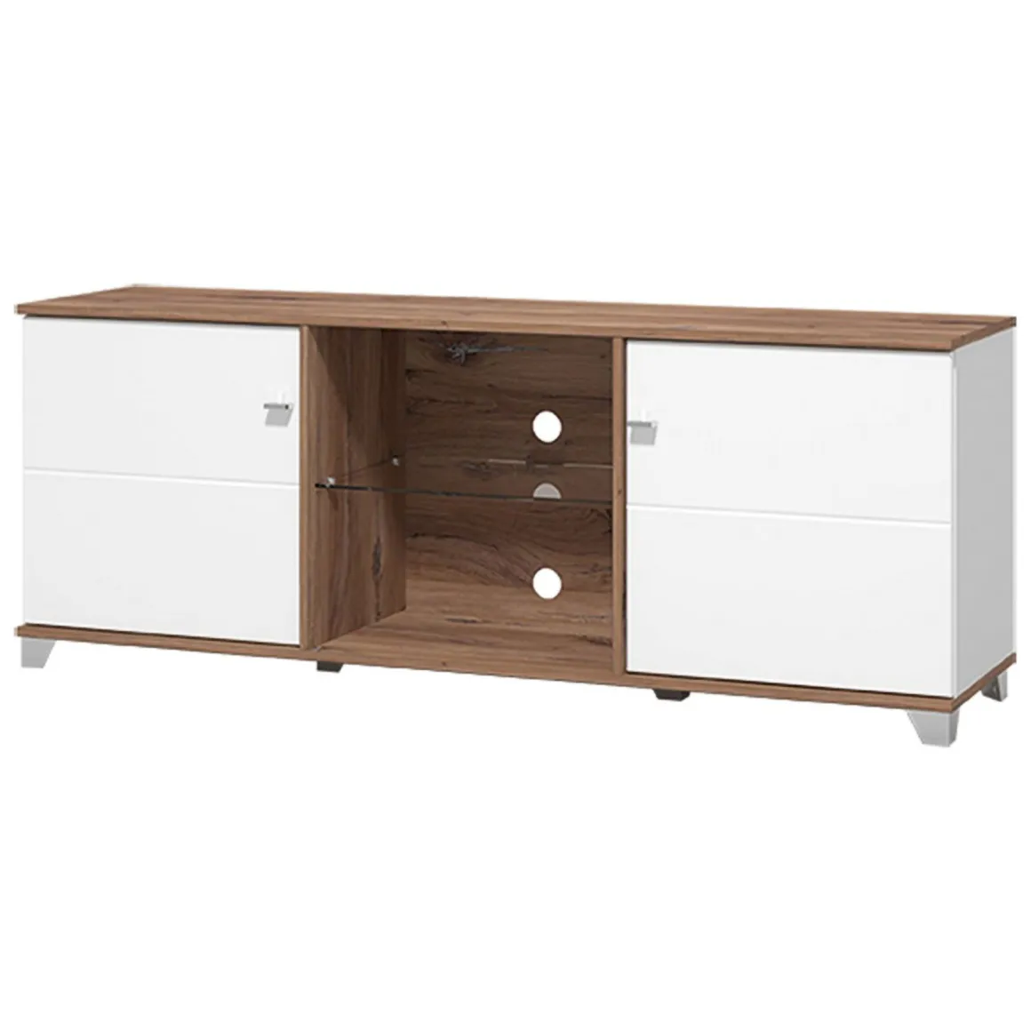 Mobile Porta tv Bianco Marrone Noce 4 Ripiani 2 Ante 157x40x59.5h cm, Ripiano in Vetro - Cedegolo