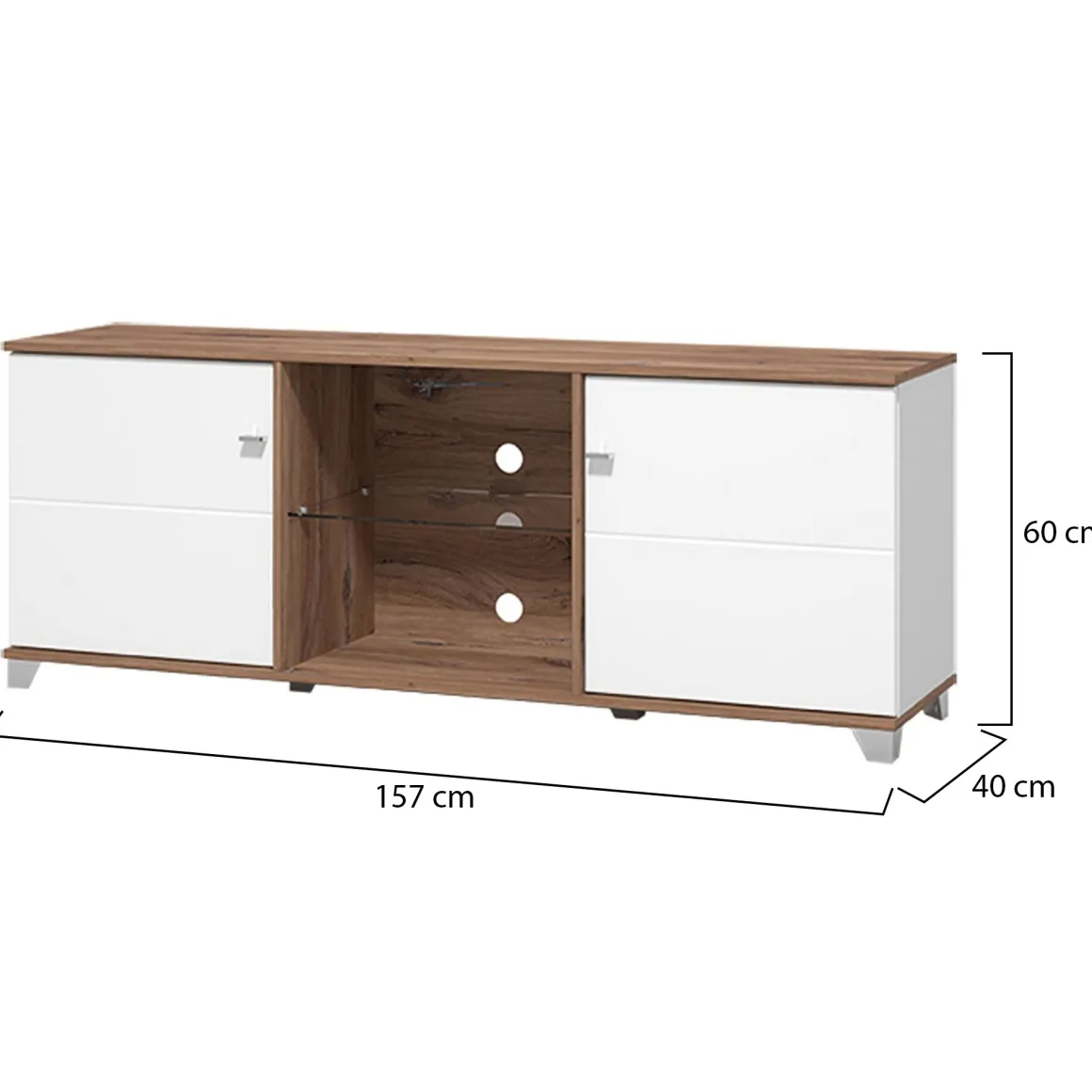 Mobile Porta tv Bianco Marrone Noce 4 Ripiani 2 Ante 157x40x59.5h cm, Ripiano in Vetro - Cedegolo