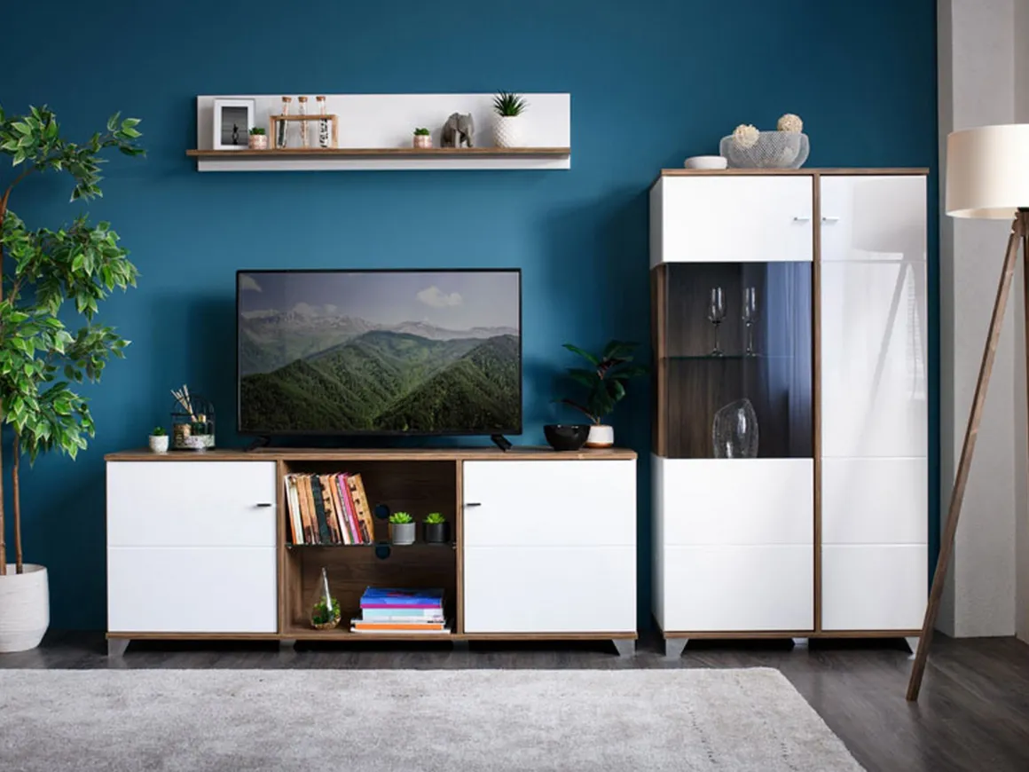 Mobile Porta tv Bianco Marrone Noce 4 Ripiani 2 Ante 157x40x59.5h cm, Ripiano in Vetro - Cedegolo