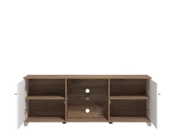 Mobile Porta tv Bianco Marrone Noce 4 Ripiani 2 Ante 157x40x59.5h cm, Ripiano in Vetro - Cedegolo