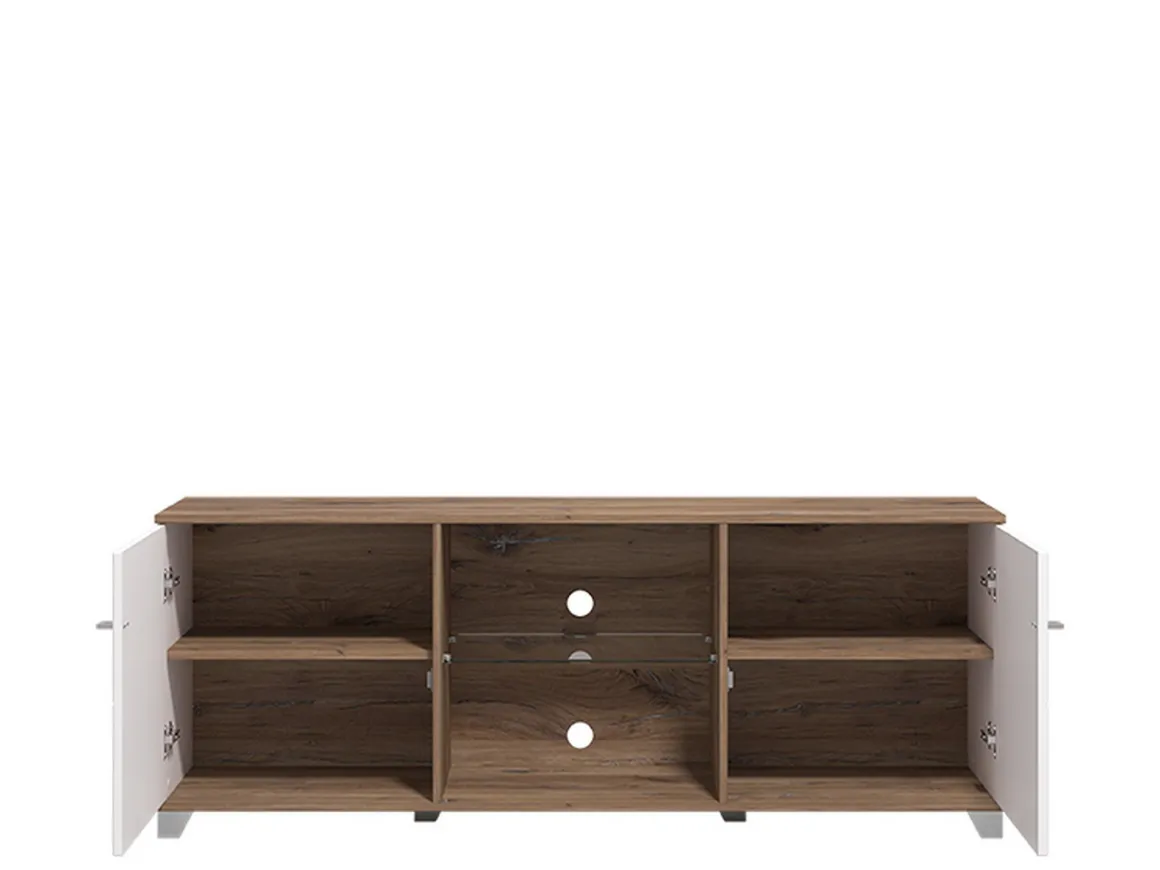 Mobile Porta tv Bianco Marrone Noce 4 Ripiani 2 Ante 157x40x59.5h cm, Ripiano in Vetro - Cedegolo