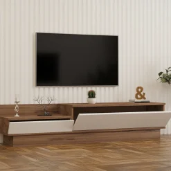 Mobile Porta tv Bianco Marrone Rovere 2 Ante 2 Vani 160x35x35h cm, Apertura a Ribalta - Persico