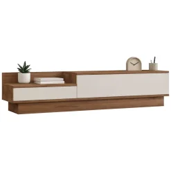 Mobile Porta tv Bianco Marrone Rovere 2 Ante 2 Vani 160x35x35h cm, Apertura a Ribalta - Persico