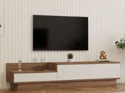 Mobile Porta tv Bianco Marrone Rovere 2 Ante 2 Vani 160x35x35h cm, Apertura a Ribalta - Persico