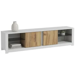 Mobile Porta tv Bianco Marrone Rovere 2 Ripiani 6 Vani 180x35x45h cm, 2 Ante - Vogogna