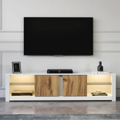 Mobili Porta Tv > Dmora Mobile Porta tv Bianco Marrone Rovere 3 Ante 3 Vani 160x32x35h cm, Apertura a Ribalta - Pianiga Marrone, Bianco Rovere