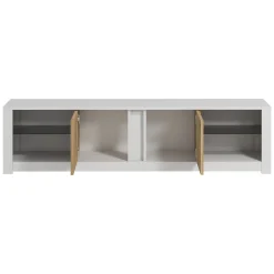 Mobili Porta Tv > Dmora Mobile Porta tv Bianco Marrone Rovere 3 Ante 3 Vani 160x32x35h cm, Apertura a Ribalta - Pianiga Marrone, Bianco Rovere
