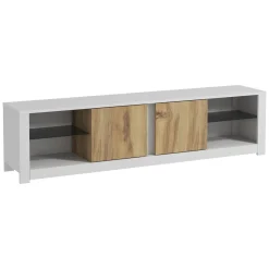 Mobili Porta Tv > Dmora Mobile Porta tv Bianco Marrone Rovere 3 Ante 3 Vani 160x32x35h cm, Apertura a Ribalta - Pianiga Marrone, Bianco Rovere