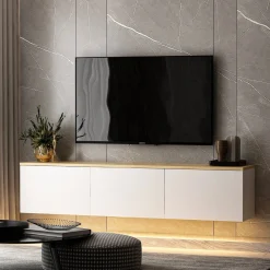 Mobile Porta tv Bianco Marrone Rovere 3 Ante Luci led Incluse 160x32x35h cm, 3 Vani - Marazzi