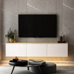 Mobile Porta tv Bianco Marrone Rovere 3 Ante Luci led Incluse 160x32x35h cm, 3 Vani - Marazzi