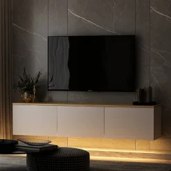 Mobile Porta tv Bianco Marrone Rovere 3 Ante Luci led Incluse 160x32x35h cm, 3 Vani - Marazzi