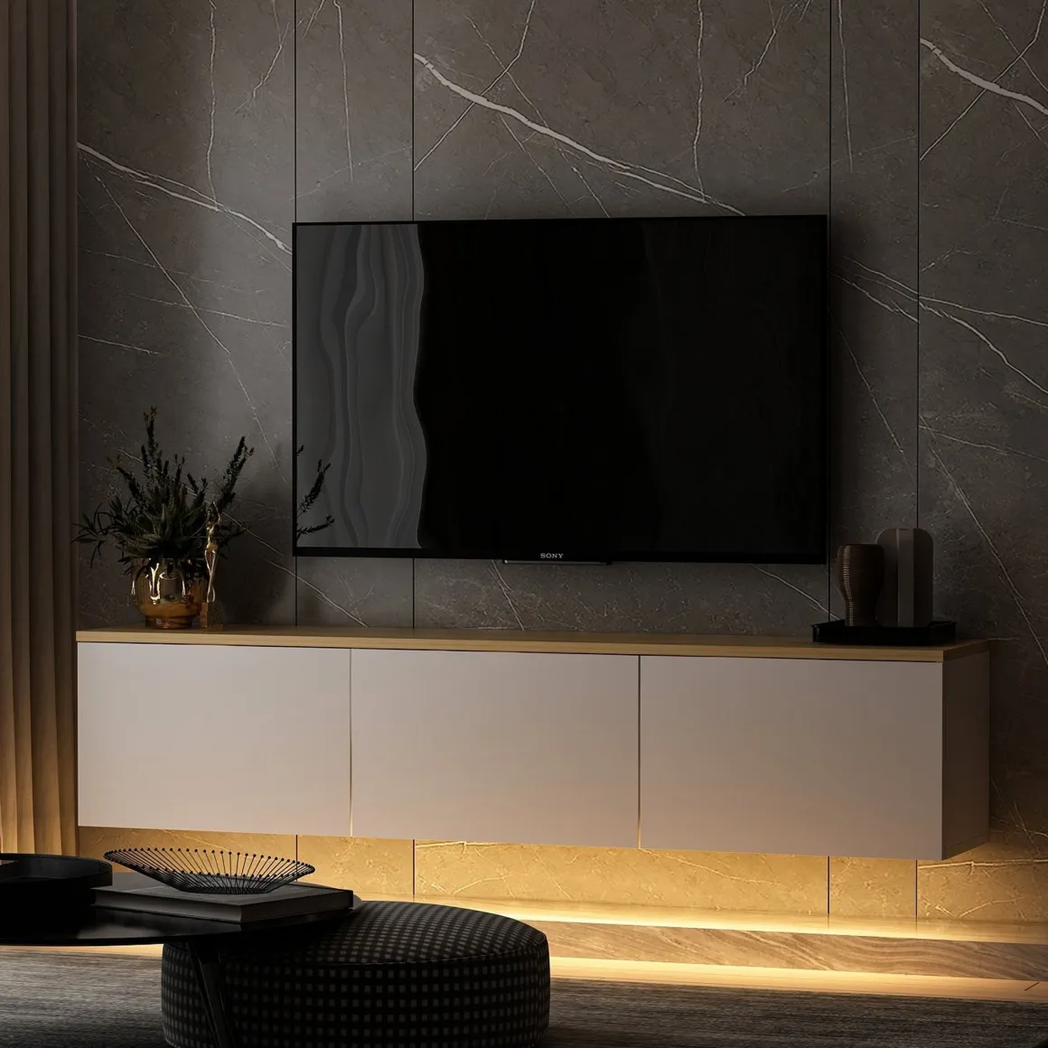 Mobile Porta tv Bianco Marrone Rovere 3 Ante Luci led Incluse 160x32x35h cm, 3 Vani - Marazzi