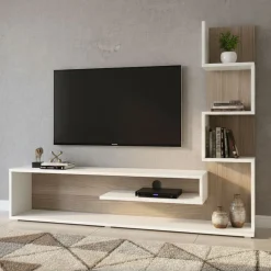 Mobile Porta tv Bianco Marrone Rovere 5 Ripiani Cassetti 29.5x22x120.8h cm, 4 Vani - Armeno