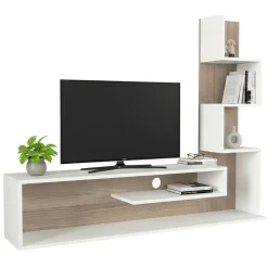 Mobile Porta tv Bianco Marrone Rovere 5 Ripiani Cassetti 29.5x22x120.8h cm, 4 Vani - Armeno
