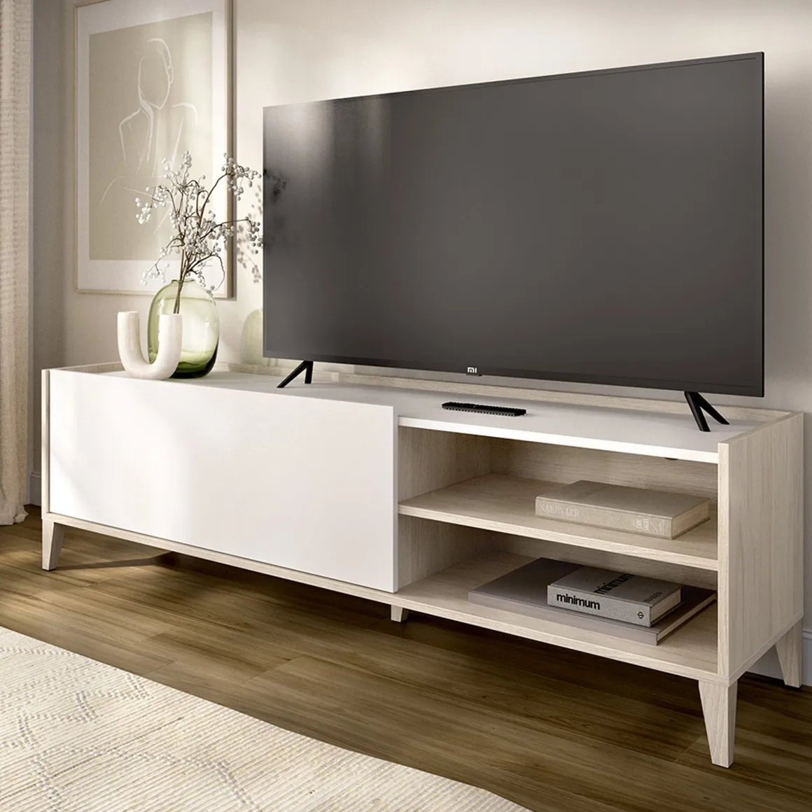 Mobile Porta tv Bianco Marrone Rovere Modulabile 3 Ripiani 43x155x50h cm, Un'anta - Woodland