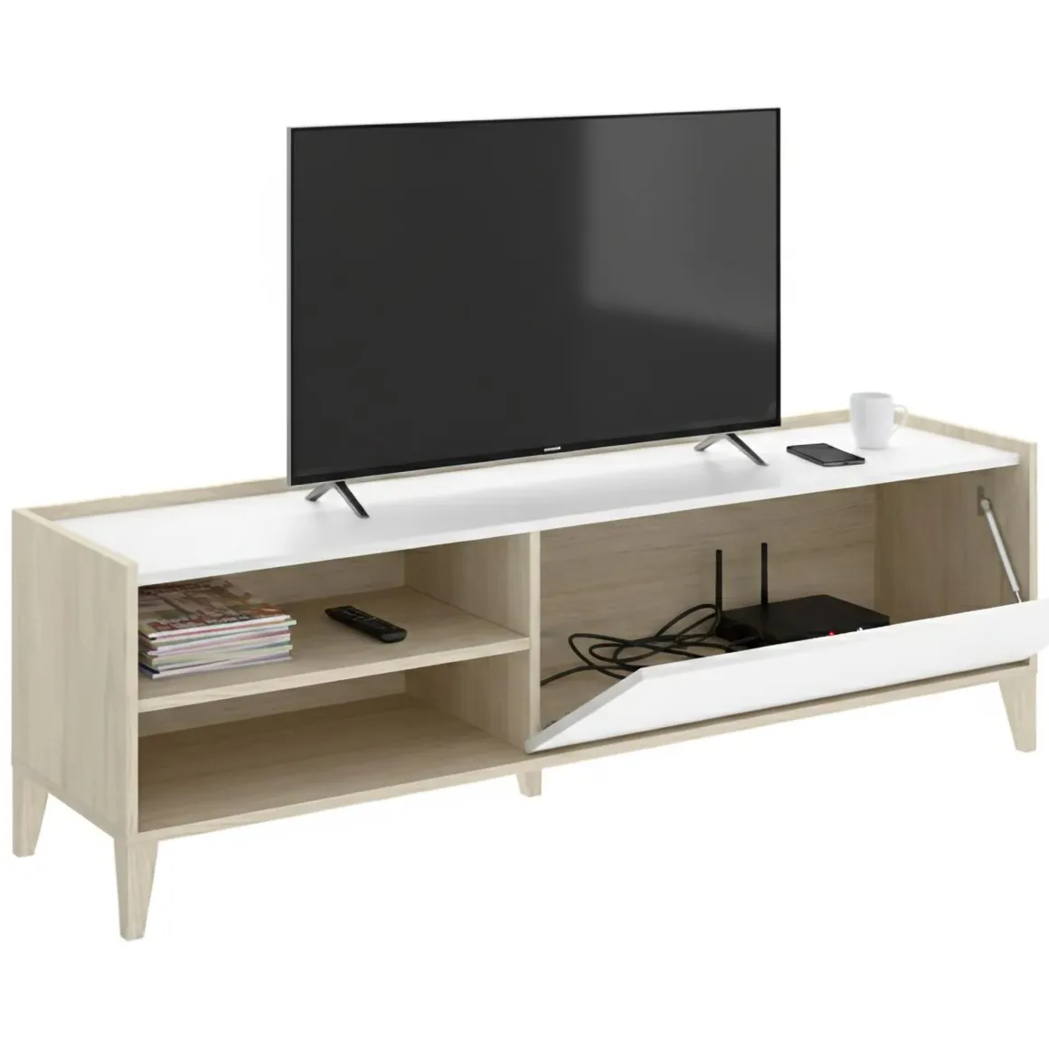 Mobile Porta tv Bianco Marrone Rovere Modulabile 3 Ripiani 43x155x50h cm, Un'anta - Woodland