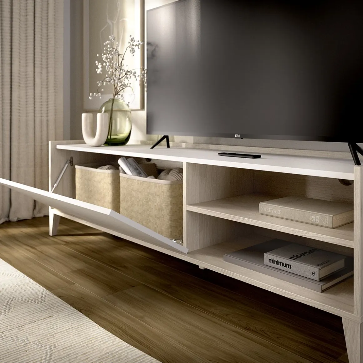 Mobile Porta tv Bianco Marrone Rovere Modulabile 3 Ripiani 43x155x50h cm, Un'anta - Woodland