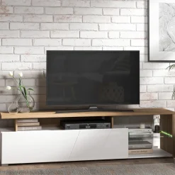 Mobile Porta tv Bianco Marrone Rovere Nodi Cassetti 3 Ripiani 170x41.5x46.5h cm, Un'anta - Induno
