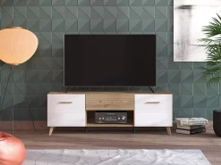 Mobile Porta tv Bianco Marrone Rovere Nodi un Cassetto un Ripiano 147.5x41.5x49h cm, 2 Ante - Morengo