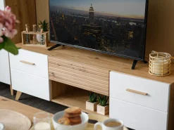 Mobile Porta tv Bianco Marrone Rovere Nodi un Cassetto un Ripiano 147.5x41.5x49h cm, 2 Ante - Morengo
