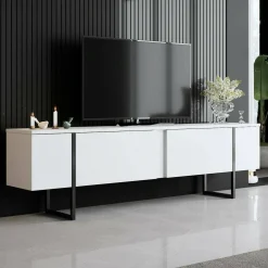 Mobili Porta Tv|Salotto > Dmora Mobile Porta tv Bianco Nero Cassetti un Ripiano 180x30x50h cm, 2 Ante - Abishia Nero, Bianco