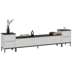 Mobile Porta tv Bianco Nero Marmo 2 Ripiani 5 Ante 180x35x45h cm, con Finiture oro - Cortin