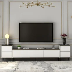 Mobile Porta tv Bianco Nero Marmo 2 Ripiani 5 Ante 180x35x45h cm, con Finiture oro - Cortin