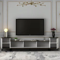 Mobile Porta tv Bianco Nero Marmo 2 Ripiani 5 Ante 180x35x45h cm, con Finiture oro - Cortin