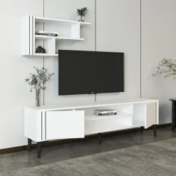 Mobili Porta Tv > Dmora Mobile Porta tv Bianco Nero 3 Ripiani 2 Ante 140x30x45h cm, con Mensola Inclusa - Tusa Nero, Bianco