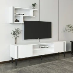 Mobili Porta Tv > Dmora Mobile Porta tv Bianco Nero 3 Ripiani 2 Ante 140x30x45h cm, con Mensola Inclusa - Tusa Nero, Bianco