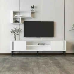 Mobili Porta Tv > Dmora Mobile Porta tv Bianco Nero 3 Ripiani 2 Ante 140x30x45h cm, con Mensola Inclusa - Tusa Nero, Bianco
