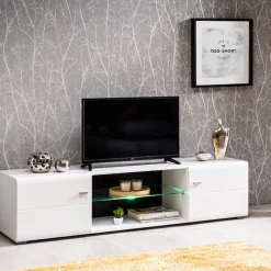 Mobili Porta Tv > Dmora Mobile Porta tv Bianco Nero un Ripiano 2 Ante 170x41.5x41.5h cm, Ripiano in Vetro - Furci Nero, Bianco