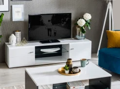 Mobili Porta Tv > Dmora Mobile Porta tv Bianco Nero un Ripiano 2 Ante 170x41.5x41.5h cm, Ripiano in Vetro - Furci Nero, Bianco
