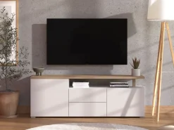 Mobile Porta tv Bianco Opaco Marrone Rovere 2 Cassetti 2 Ripiani 154x40x55.5h cm, Apertura Battente, Scorrevole - Melzo