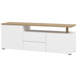 Mobile Porta tv Bianco Opaco Marrone Rovere 2 Cassetti 2 Ripiani 154x40x55.5h cm, Apertura Battente, Scorrevole - Melzo
