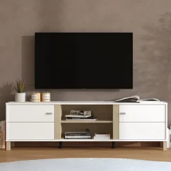 Mobile Porta tv Bianco Opaco Marrone Rovere 2 Ripiani 4 Vani 176x40x52h cm, 2 Ante - Dragoni