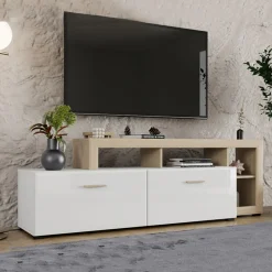 Mobile Porta tv Bianco Opaco Marrone Rovere 5 Ripiani 2 Ante 189x42x61h cm, con Piedini - Casola