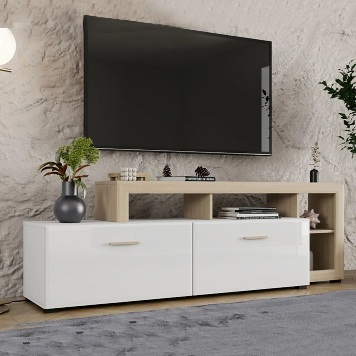 Mobili Porta Tv > Dmora Mobile Porta tv Bianco Opaco Marrone Rovere un Cassetto 2 Ripiani 143x40x53h cm, 2 Ante - Sampe Marrone Rovere, Bianco Opaco