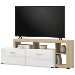 Mobile Porta tv Bianco Opaco Marrone Rovere 5 Ripiani 2 Ante 189x42x61h cm, con Piedini - Casola