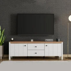 Mobile Porta tv Bianco Opaco Marrone Rovere un Cassetto un Ripiano 163x40x53h cm, 2 Ante - Zavatt