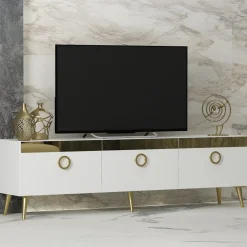 Mobili Porta Tv > Dmora Mobile Porta tv Bianco oro 3 Ante 3 Vani 150x30x45h cm, Apertura a Ribalta - Fiore Oro, Bianco